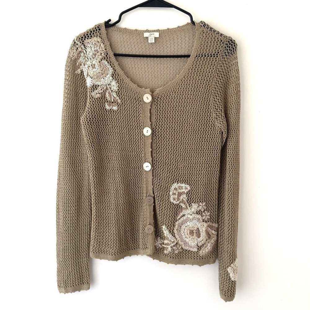 J. Jill Crochet Cardigan Womens XXS Beige‎ Open Knit Embroidered Cottagecore